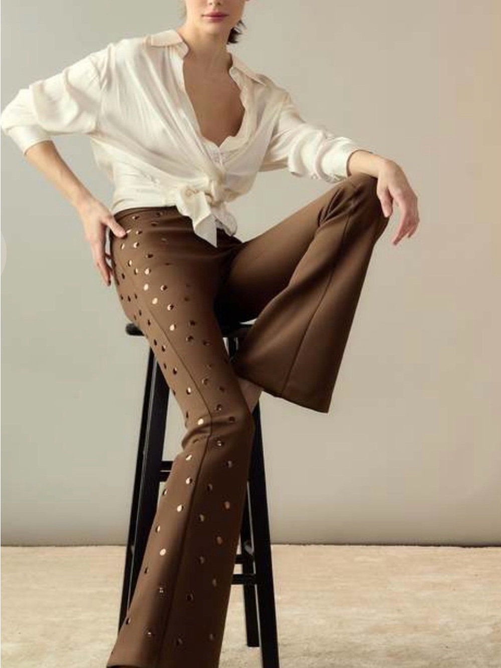 Cynthia Rowley Brown Laser-Cut Flare Pants